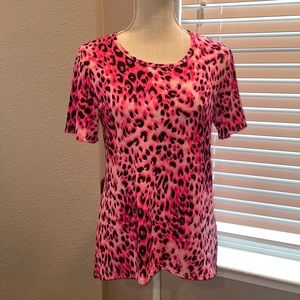 L&B Pink Black Leopard Print Short Sleeve Blouse - Polyester Blend, Size Small